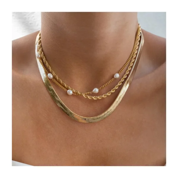 Waterproof 18k Gold Plated Twisted Rope Chain Pearl Necklaces Women Dainty Stainless Steel Snake Chain Choker Necklace Jewelry