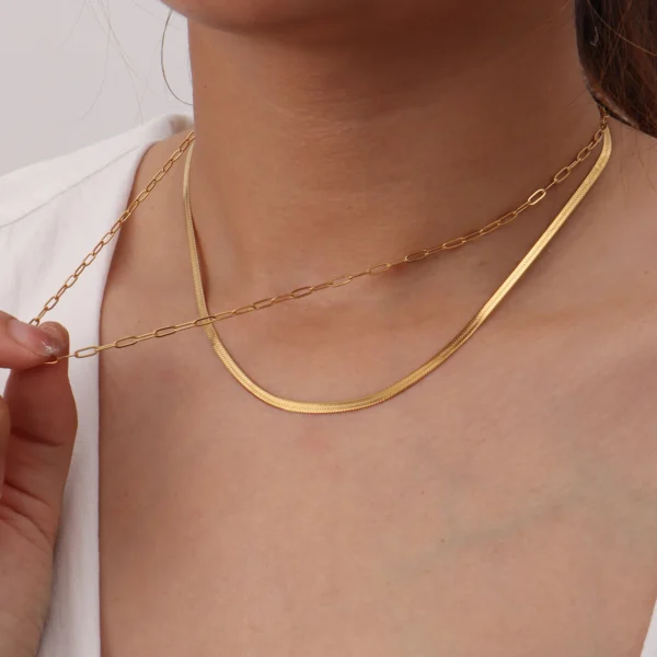 Waterproof18k Gold Plated Paperclip Chain Necklaces Women Stainless Steel Layered Double Snake Chain Choker Necklace Jewelry - Image 5