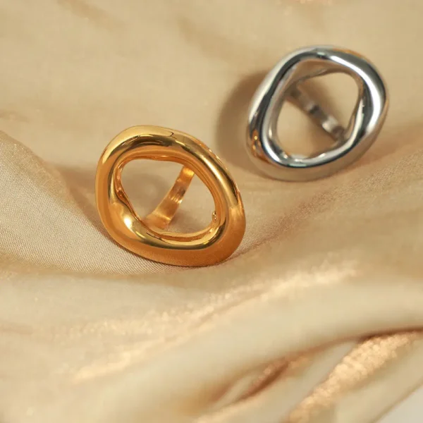 Ins Style 2024 Waterproof Stainless Steel Hollow Hoop Shaped Rings Women 18k Gold Plated Exaggerated Irregular Rings Jewelry - Image 3