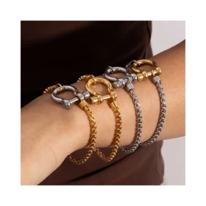 Minimalist 18K Gold Plated Box Chain Bracelets Jewelry Tarnish Free Stainless Steel Horseshoe Clasp Bracelet for Women Men