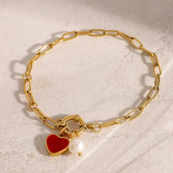 Waterproof 18k Gold Plated Enamel Heart Charm Bracelet Stainless Steel Paperclip Chain Pearl Bracelet Women Jewelry - Image 3