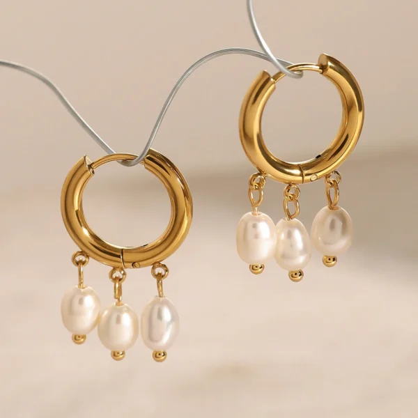 Dainty Jewelry 18k Gold Plated Stainless Steel Pearl Charm Hoop Earrings Women Freshwater Pearl Huggie Hypoallergenic  Earings - Image 4