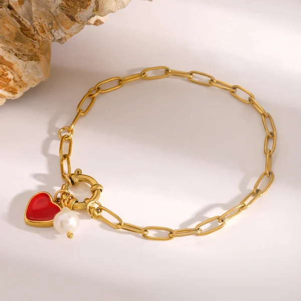Waterproof 18k Gold Plated Enamel Heart Charm Bracelet Stainless Steel Paperclip Chain Pearl Bracelet Women Jewelry - Image 4