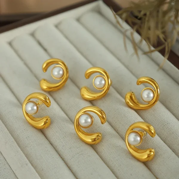 Tarnish Free 18k Gold Plated C Shape Pearl Stud Earrings for Girls Daily Wear Party Jewelry Women Stainless Steel Earring - Image 2