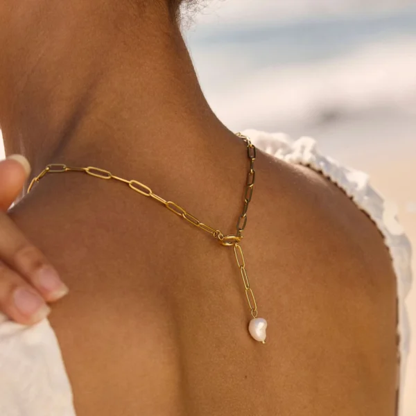 Non Tarnish 18K Gold Plated Stainless Steel Paperclip Chain Necklace for Women Minimalist Freshwater Pearl Necklace Jewelry - Image 5