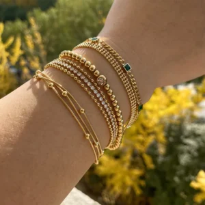 Minimalist 18k Gold Plated Layered Zircon Beads Chain Bracelet Women Stainless Steel Gemstone Cuban Snake Bracelet Jewelry