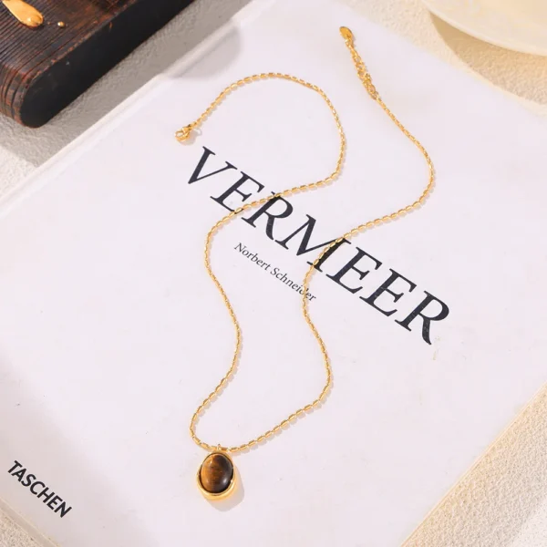 Minimalist 18k Gold Plated Titanium Steel Irregular Tiger Eye Stone Pendant Necklaces Women Personality Rice Bead Chain Jewelry - Image 3