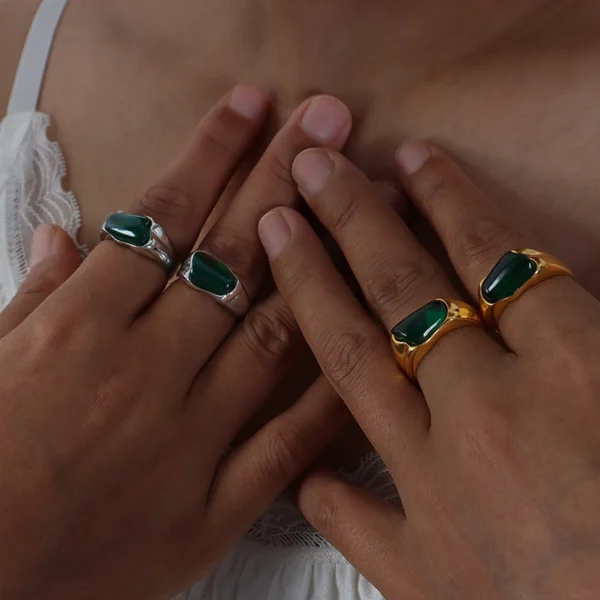 Vintage Stainless Steel Natural Gemstone Wedding Rings Fashion 18k Gold Plated Green Irregular Stone Rings Jewelry Women - Image 3