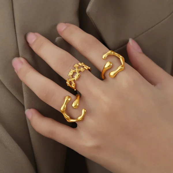 Minimalist 18k Gold Plated Stackable Rings Non Tarnish Vintage Stainless Steel Irregular Open Rings for Women - Image 4