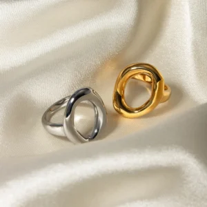 Ins Style 2024 Waterproof Stainless Steel Hollow Hoop Shaped Rings Women 18k Gold Plated Exaggerated Irregular Rings Jewelry