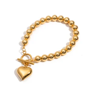 Waterproof Jewelry 18K Gold Plated Dainty Stainless Steel Bead Chain OT Buckle Bracelet for Women Love Heart Bracelets
